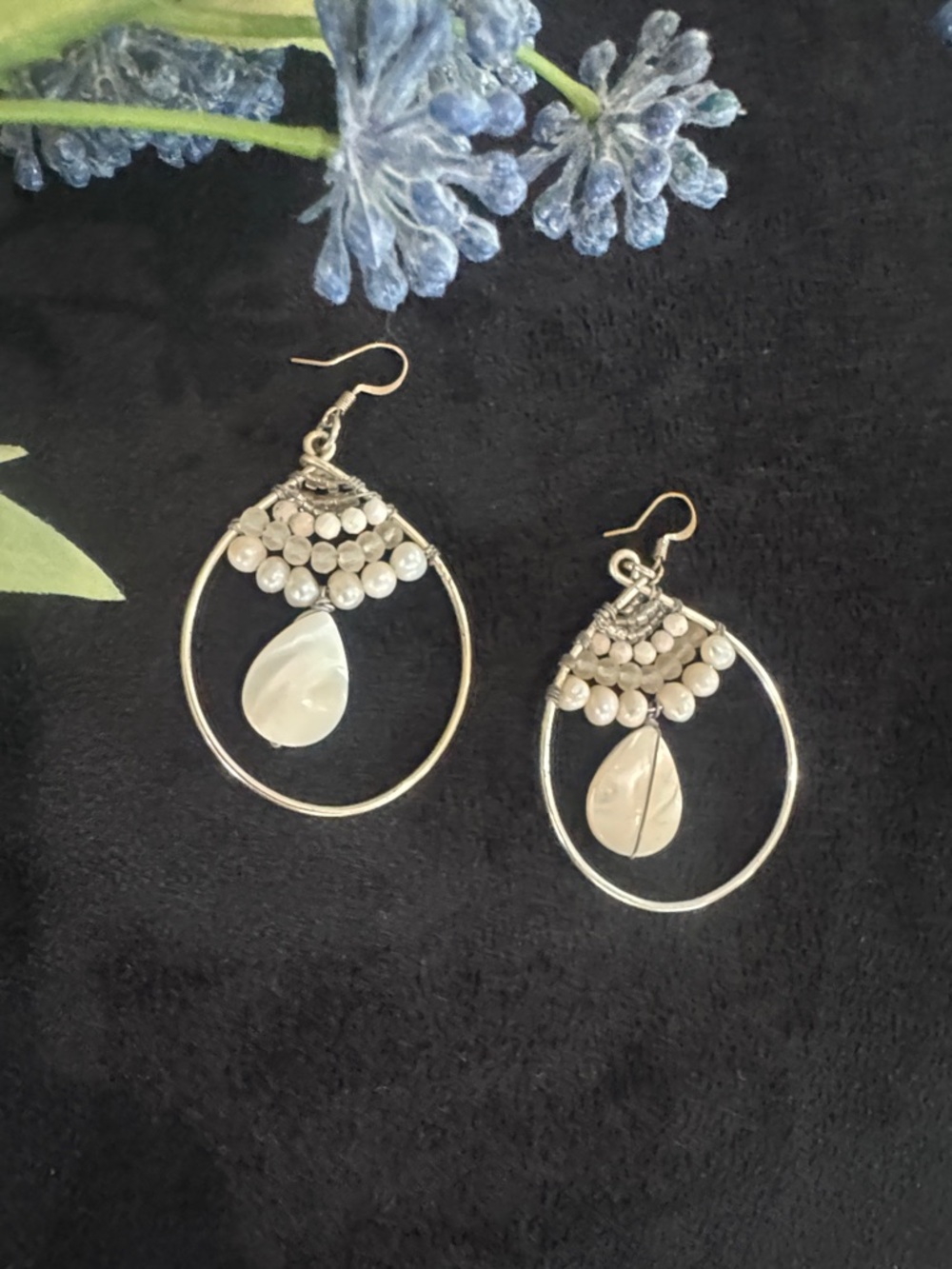 FauxWhite Pearl Teardrop Hoop Earrings with Silver Tone Accents Fashion Jewelry
